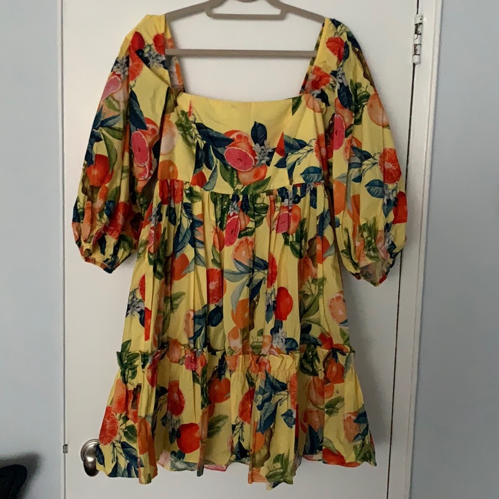 NWT Cara Cara Yellow Citrus Orange Sip Sip Mini Dress Size Large